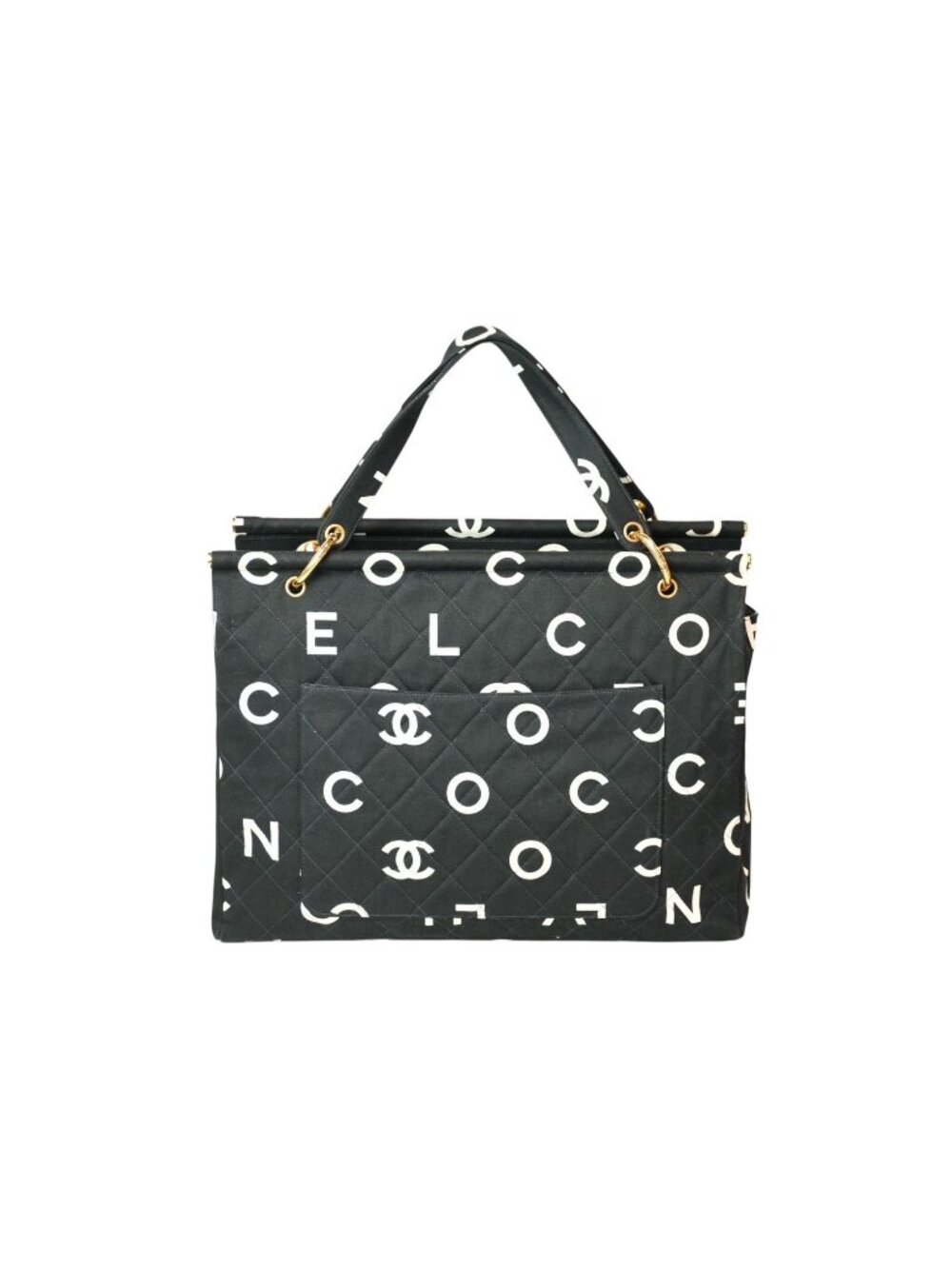 Chanel Handbag Quilted Black White Cotton Canvas Gold